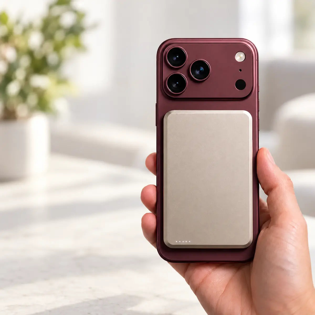 Slim silver magnetic power bank attached to a burgundy phone, held in one hand in a bright interior