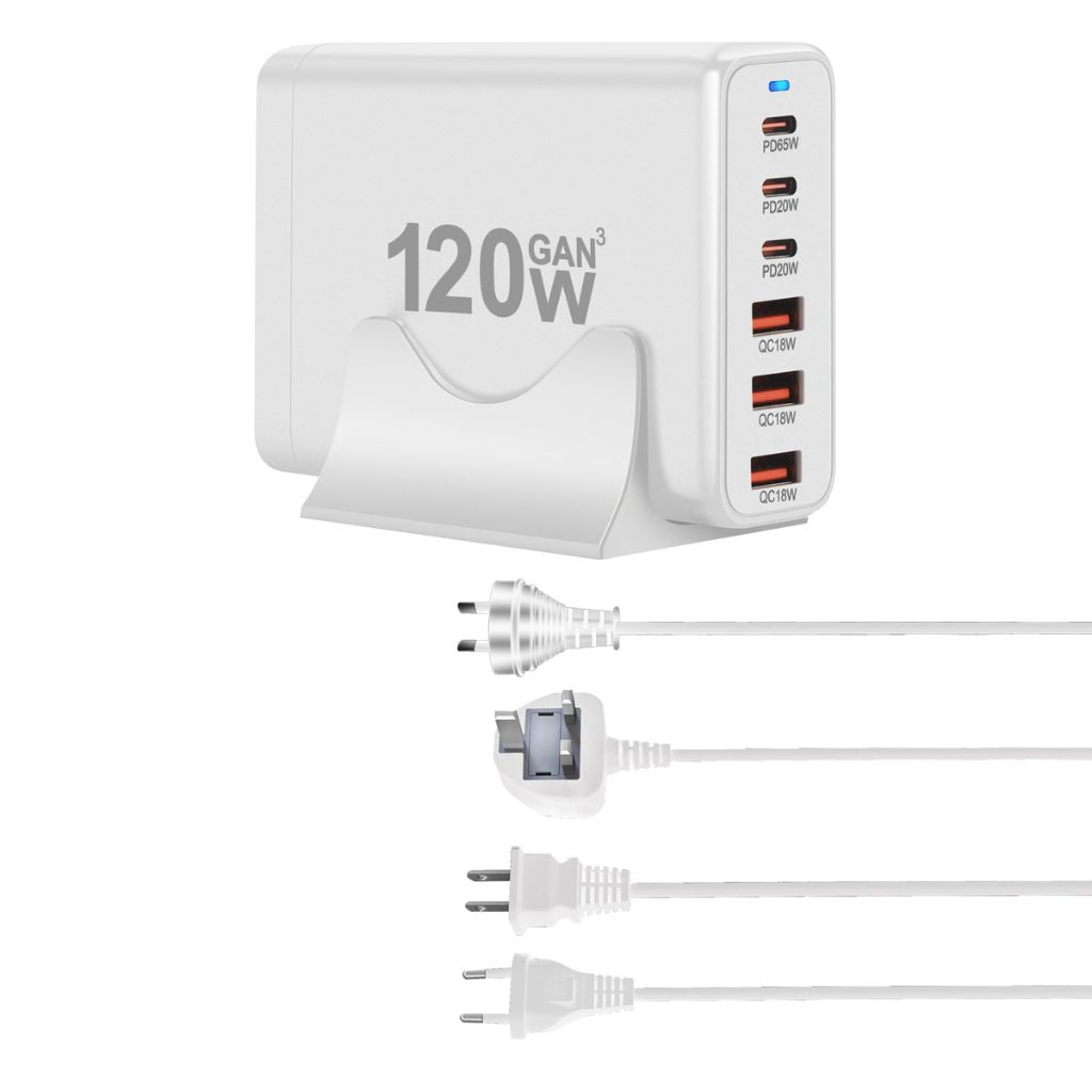 120W GaN 6-Port USB-C Charger with advanced GaN technology, featuring three USB-C PD ports and three USB-A QC 3.0 ports for fast and efficient multi-device charging. Compact and lightweight design suitable for home, office, and travel use.