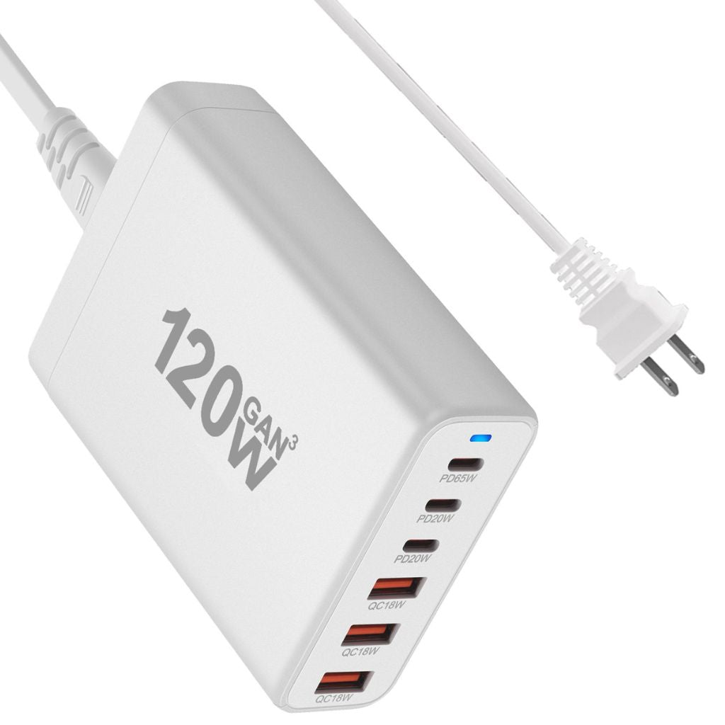 120W GaN 6-Port USB-C Charger with advanced GaN technology, featuring three USB-C PD ports and three USB-A QC 3.0 ports for fast and efficient multi-device charging. Compact and lightweight design suitable for home, office, and travel use.