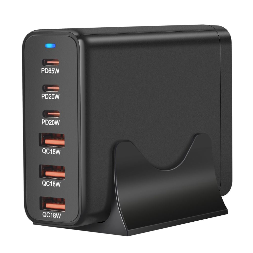 120W GaN 6-Port USB-C Charger with advanced GaN technology, featuring three USB-C PD ports and three USB-A QC 3.0 ports for fast and efficient multi-device charging. Compact and lightweight design suitable for home, office, and travel use.