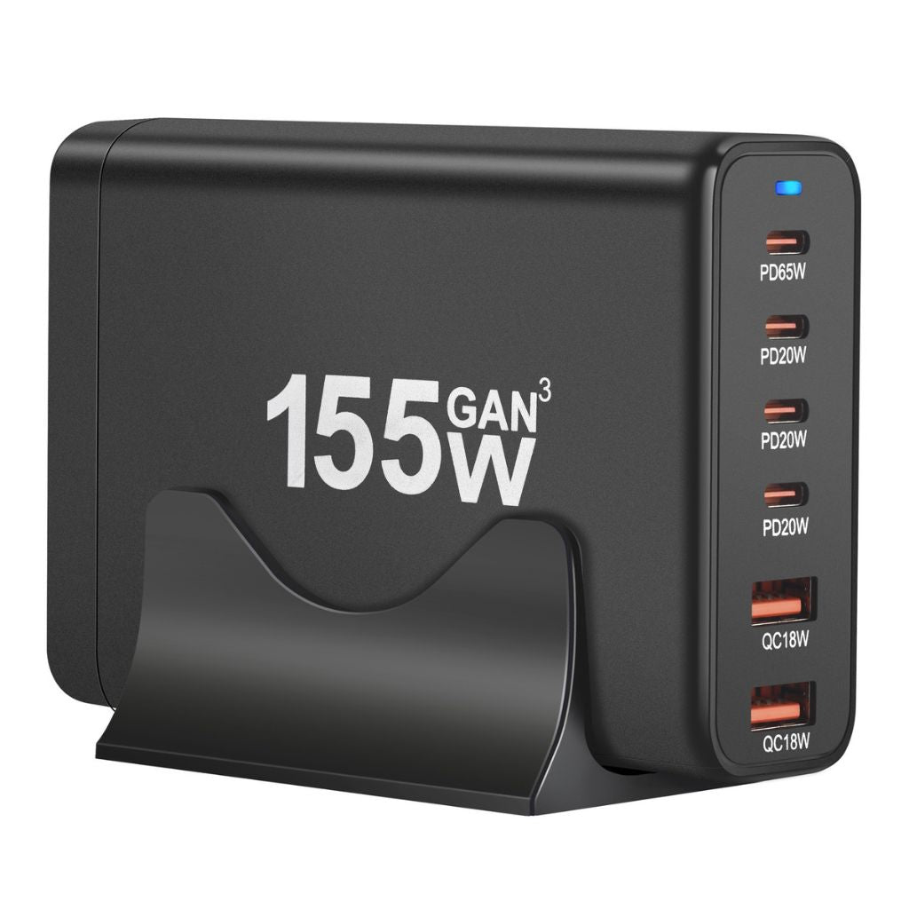 155W GaN 6-Port USB-C Charger with advanced GaN technology, featuring four USB-C PD ports and two USB-A QC 3.0 ports for fast and efficient multi-device charging. Compact and lightweight design suitable for home, office, and travel use.