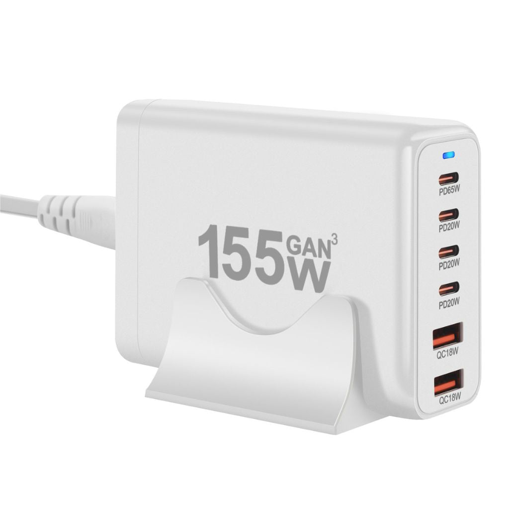 155W GaN 6-Port USB-C Charger with advanced GaN technology, featuring four USB-C PD ports and two USB-A QC 3.0 ports for fast and efficient multi-device charging. Compact and lightweight design suitable for home, office, and travel use.