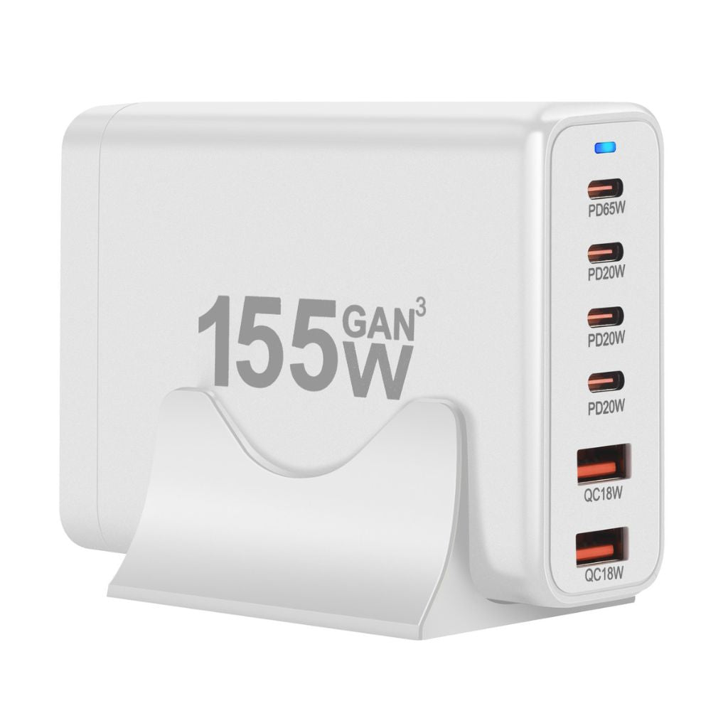 155W GaN 6-Port USB-C Charger with advanced GaN technology, featuring four USB-C PD ports and two USB-A QC 3.0 ports for fast and efficient multi-device charging. Compact and lightweight design suitable for home, office, and travel use.