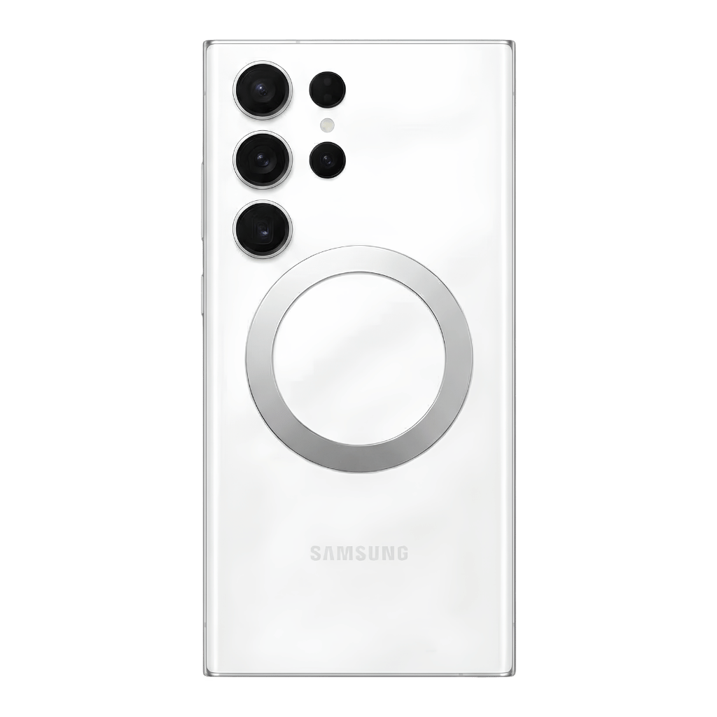 Silver magnetic phone ring attached to a Samsung Galaxy phone