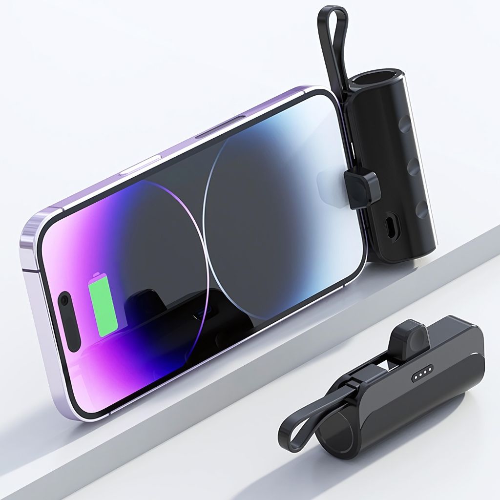 PowerBank Mini portable charger in multiple colors and capacities, compatible with USB-C and Lightning devices for Android and Apple, featuring a compact, lipstick-sized design with dual charging capability.
