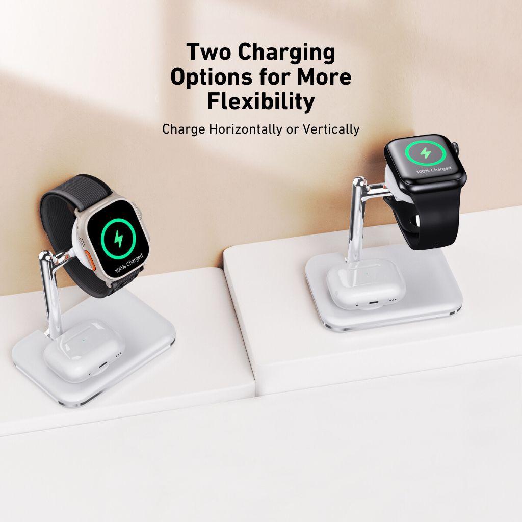 2-in-1 wireless charger for Apple Watch and AirPods, fast charging station, compact and portable, foldable design, adjustable angles, compatible with Apple Watch Ultra, Series 8, 7, 6, 5, 4, 3, 2, SE, and AirPods Pro, Pro 2, 3, 2, Type-C input, overcharge protection, for desk and travel use.