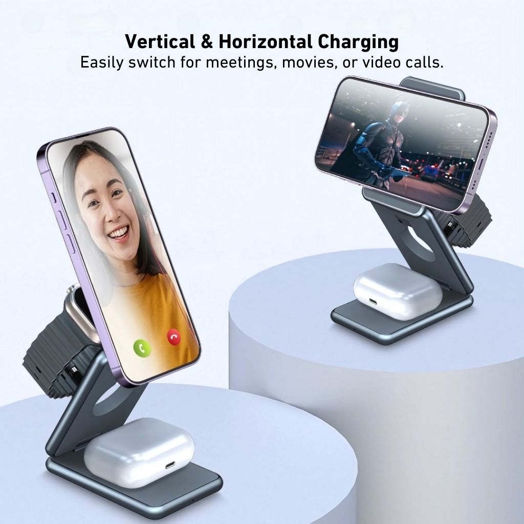 3-in-1 Foldable Wireless Charging Station for Apple iPhone 16 Pro Max, Apple Watch Ultra 2, and AirPods Pro by Evolved Chargers – Portable, MagSafe-Compatible, and Ideal for Travel.