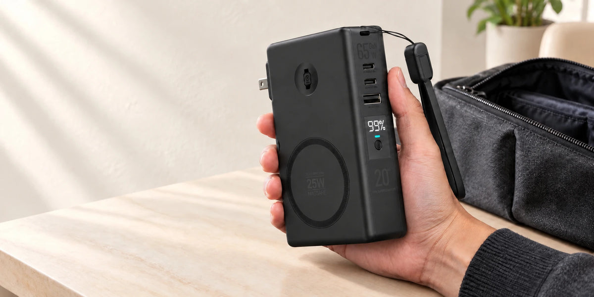 A black portable battery with subtle markings held beside a travel bag.