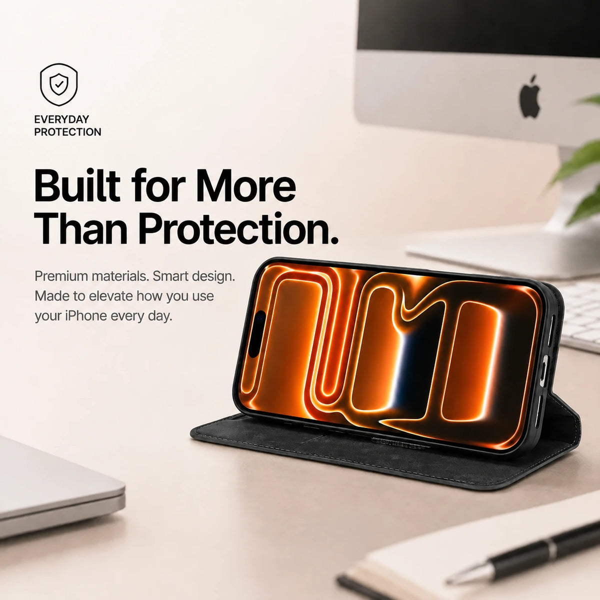 Black leather folio phone case supporting a phone horizontally on a desk #color_Midnight Black