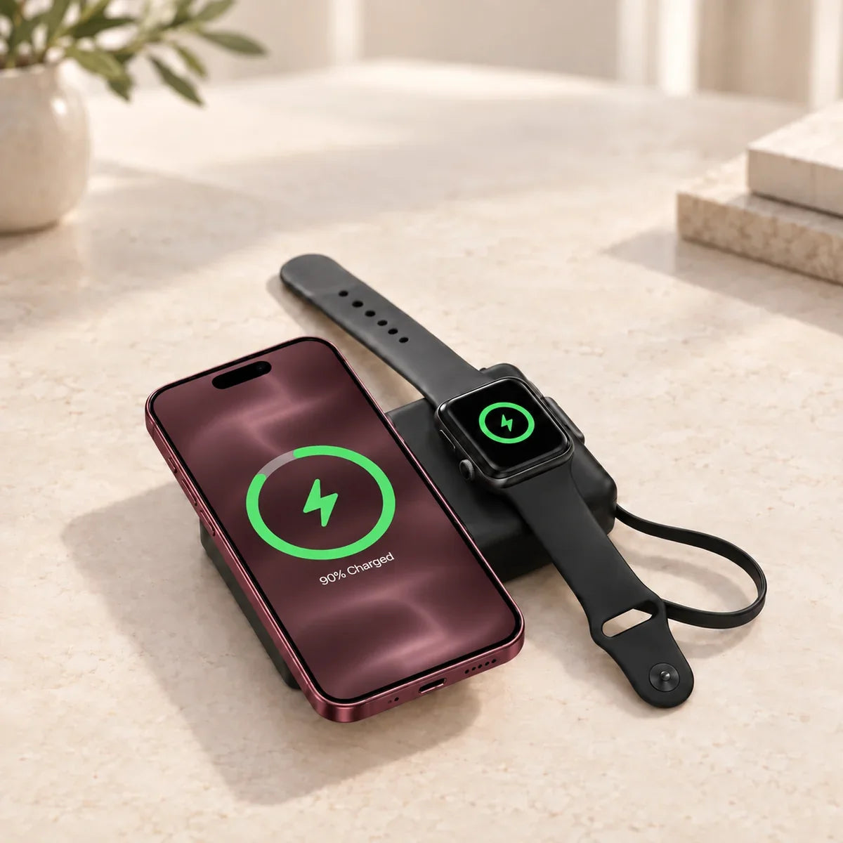 Orange phone and black watch resting on the two separate wireless charging areas of a compact black power bank.
