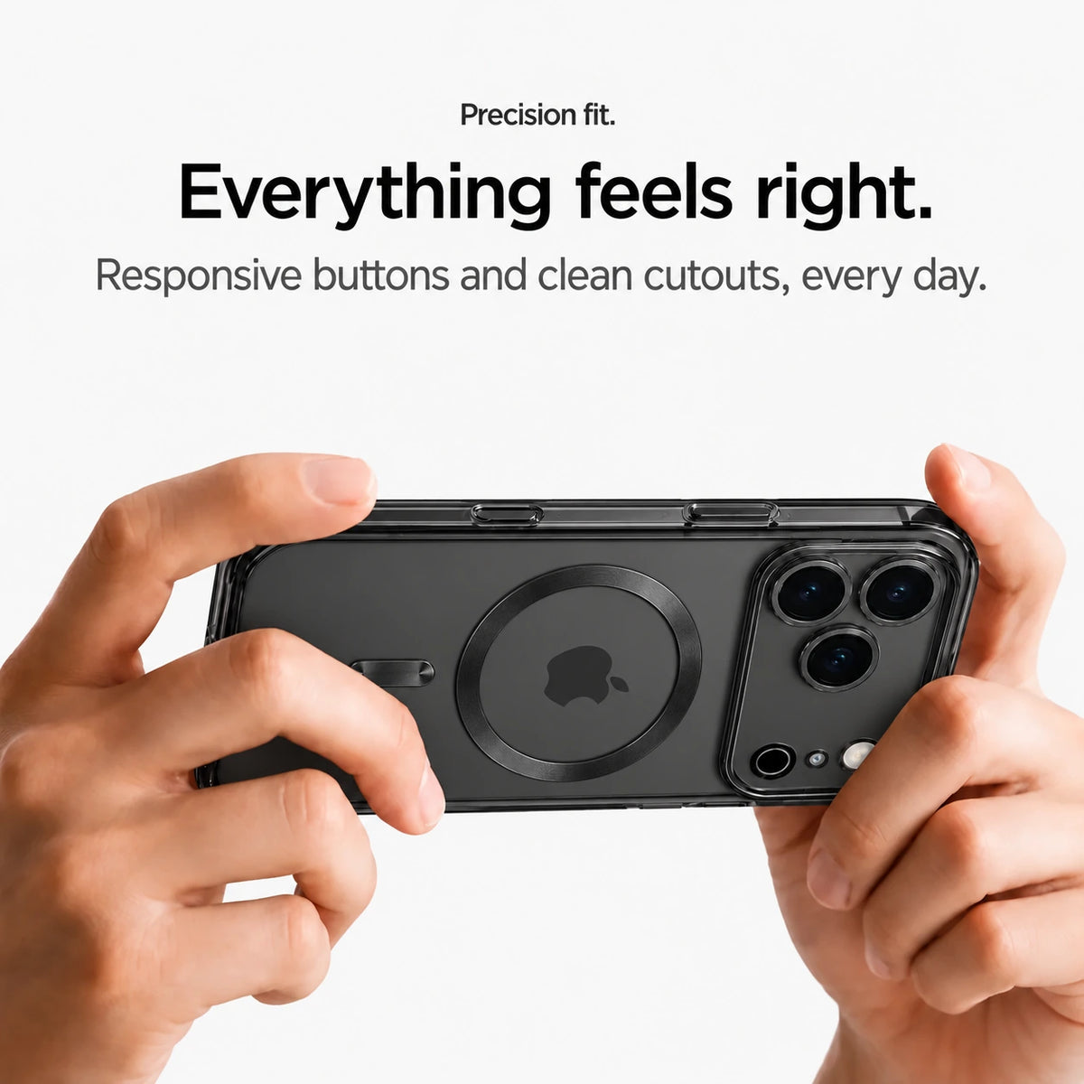 Black tinted magnetic phone case held horizontally in two hands #color_Midnight Black