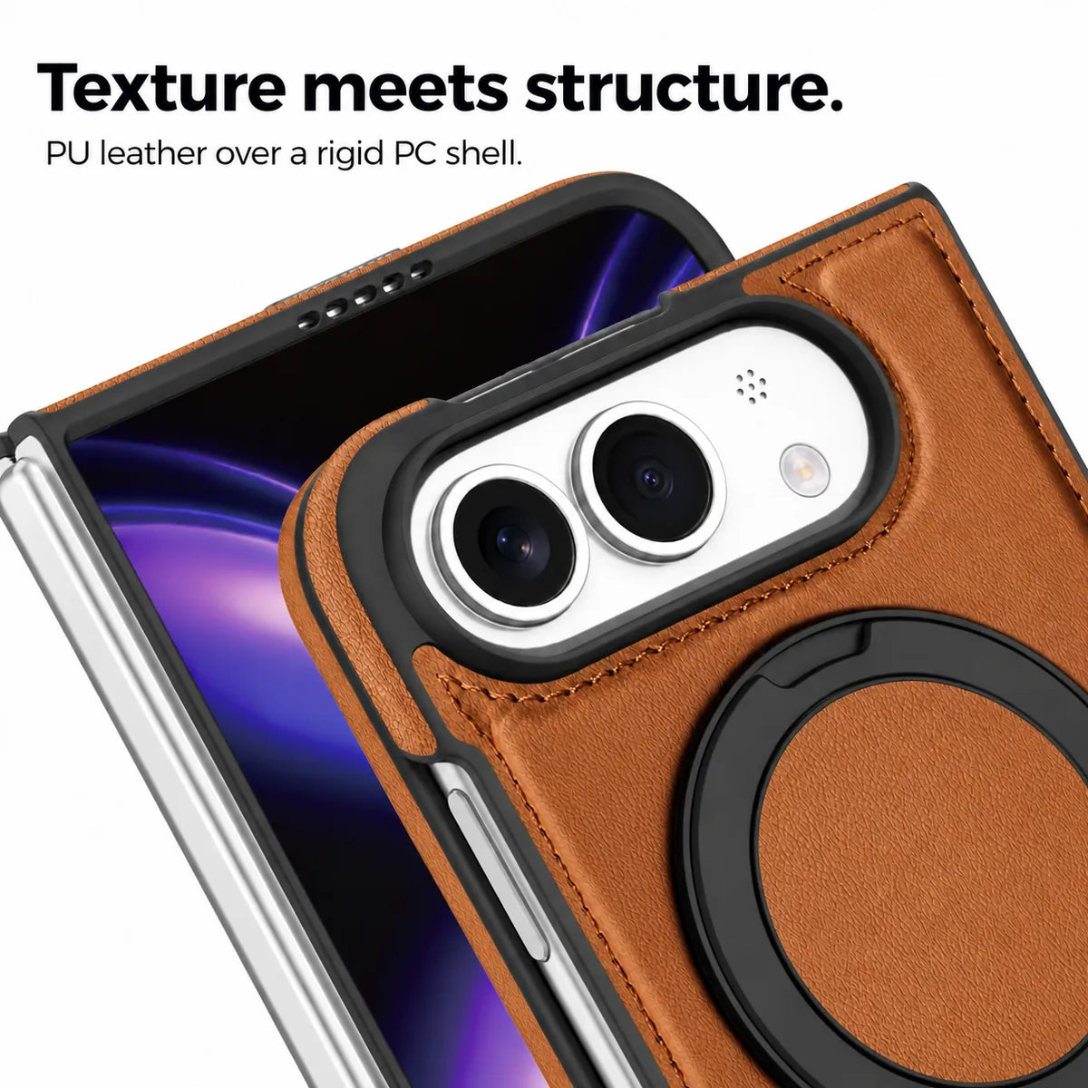 Close-up of the synthetic leather texture, stitching and raised camera surround. #color_Saddle Brown