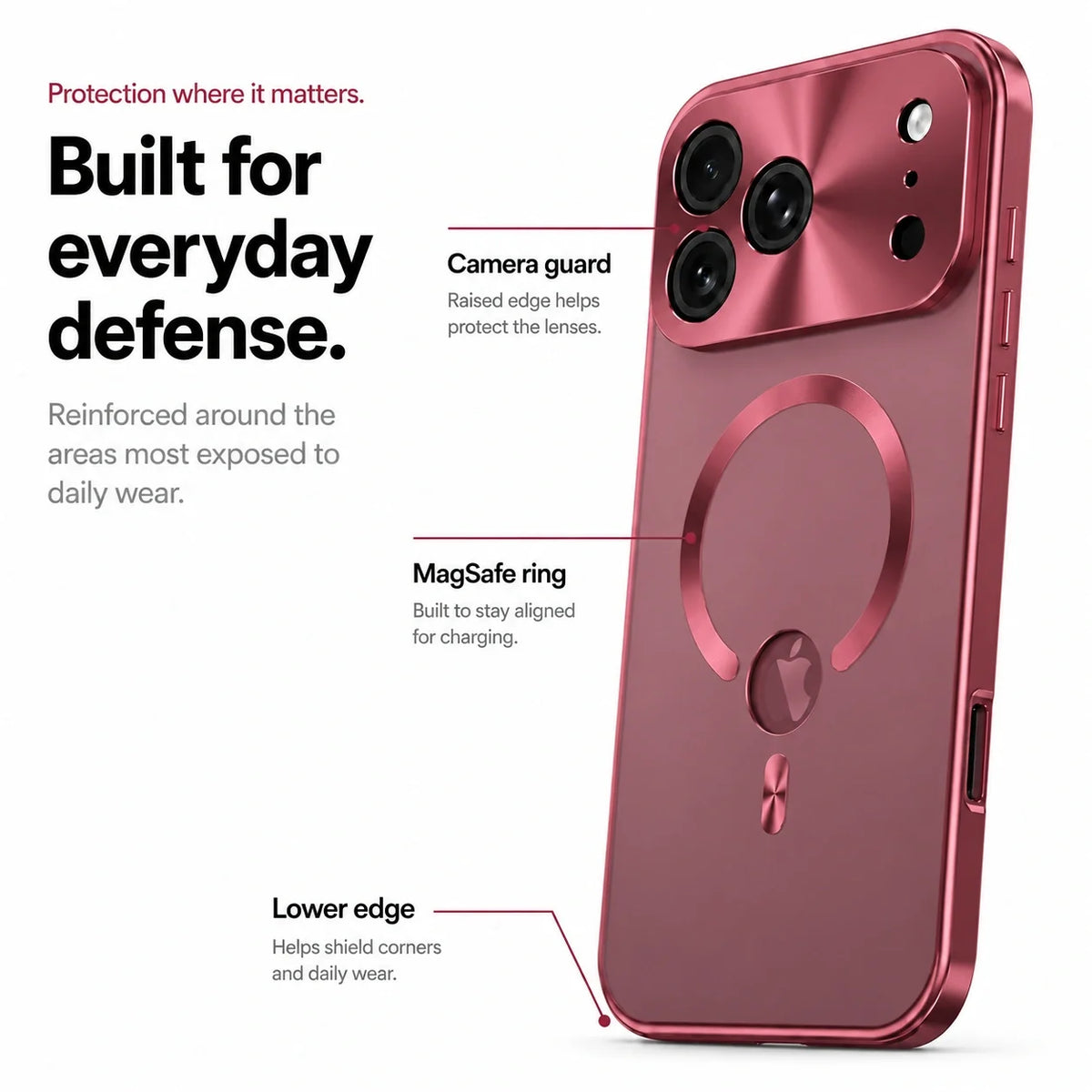 Burgundy metal frame phone case with camera guard, magnetic ring and lower edge callouts #color_Burgundy