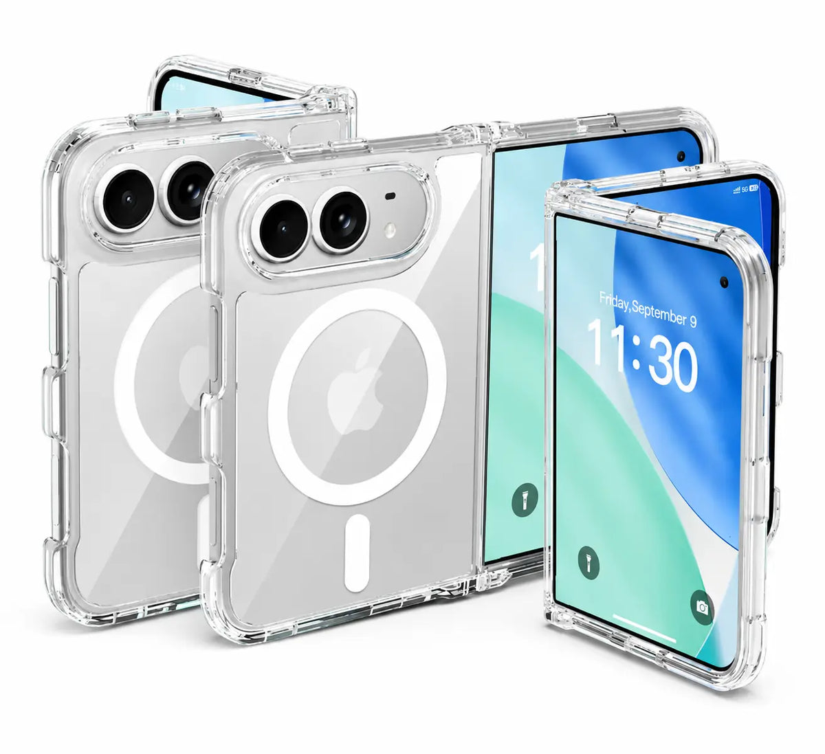 Clear magnetic case for a folding handset shown from several angles. #iPhone Model_iPhone Duo