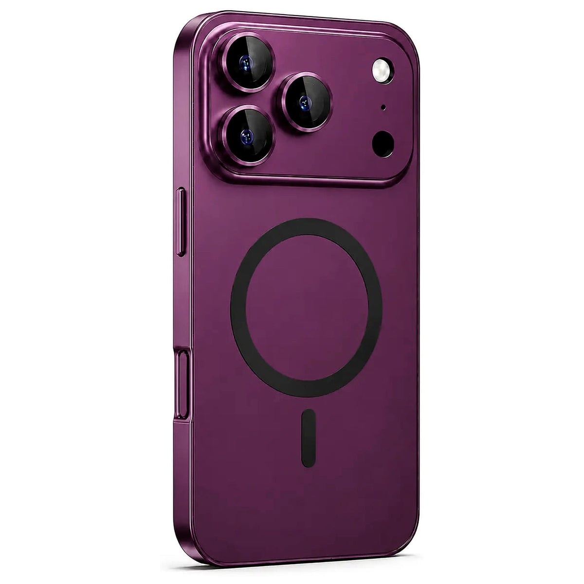 Burgundy metal magnetic phone case with a wide camera surround, shown from the rear on white #color_Burgundy