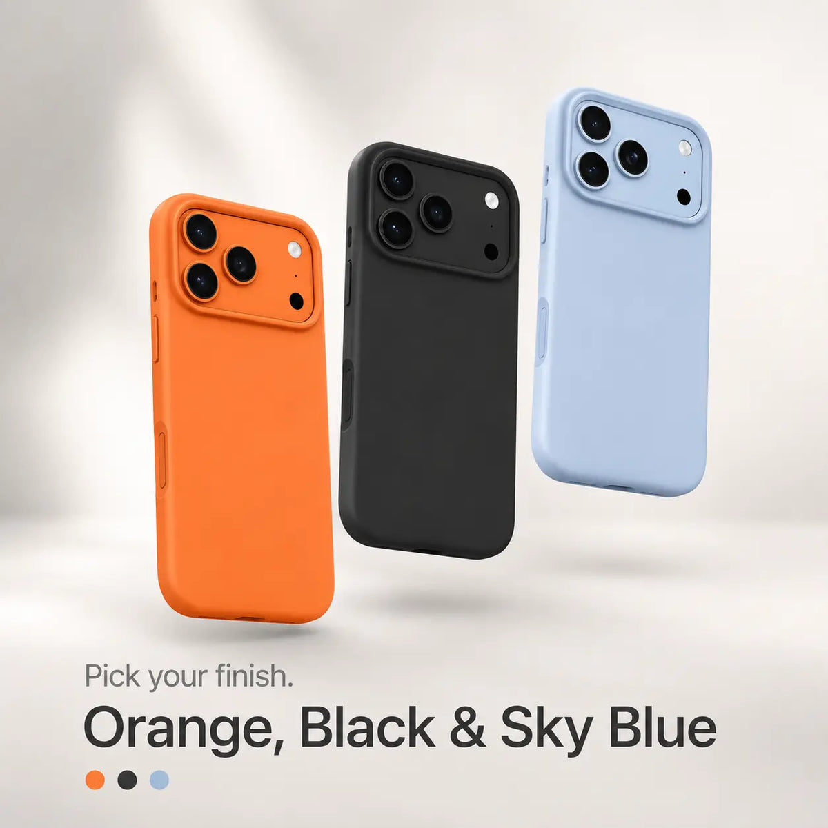 Orange, black and light blue silicone phone cases displayed together
