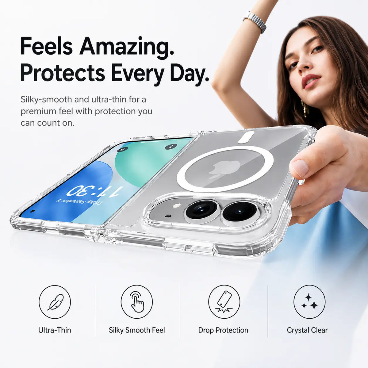 Clear magnetic case on a folding handset, showing its fit in use. #iPhone Model_iPhone Duo