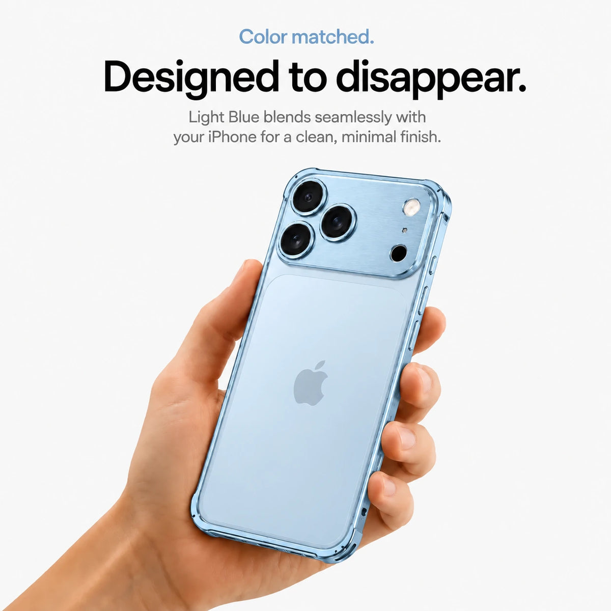 Glacier aluminum frame phone case held in a hand showing its open back #color_Glacier