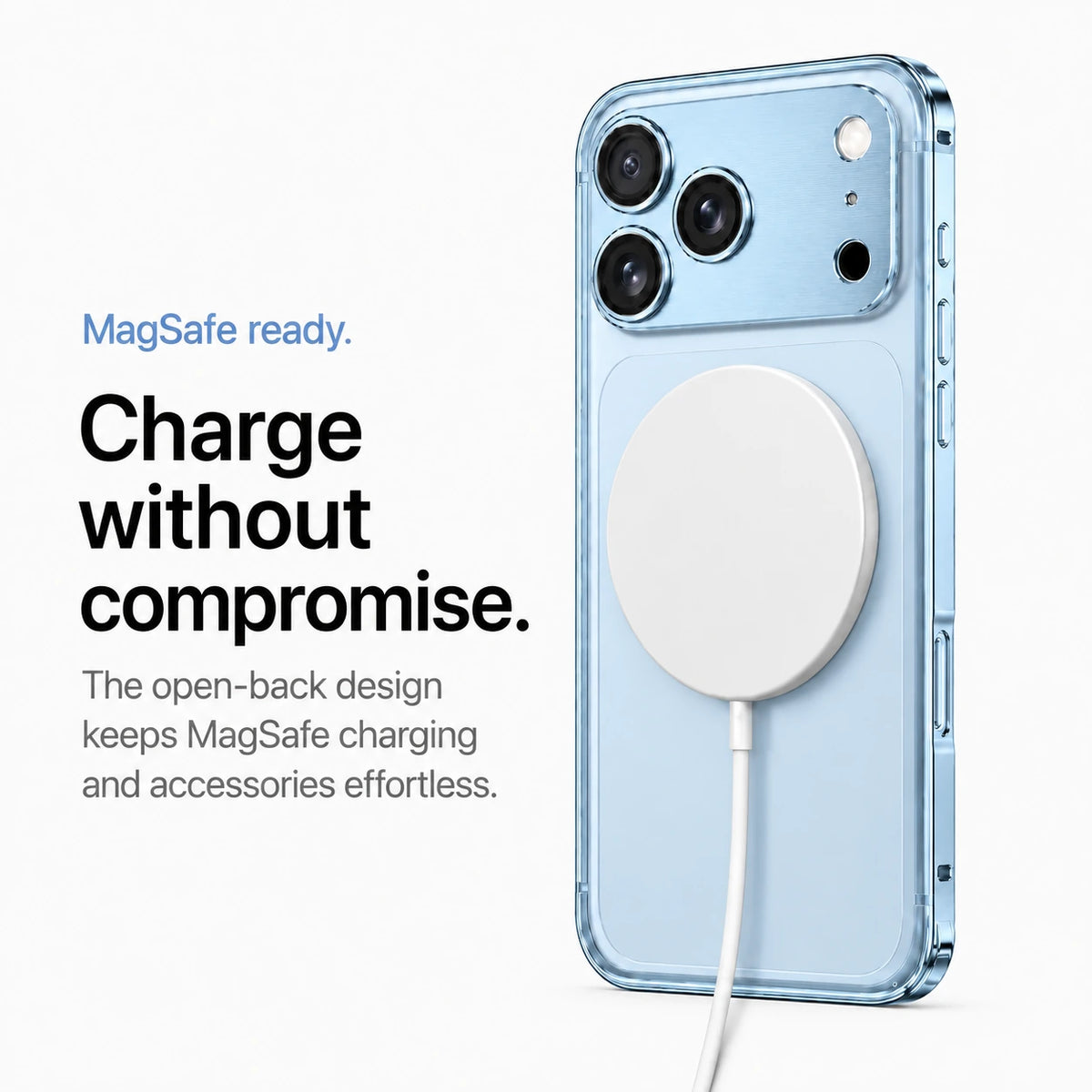 Glacier aluminum frame phone case with a white wireless charging puck #color_Glacier