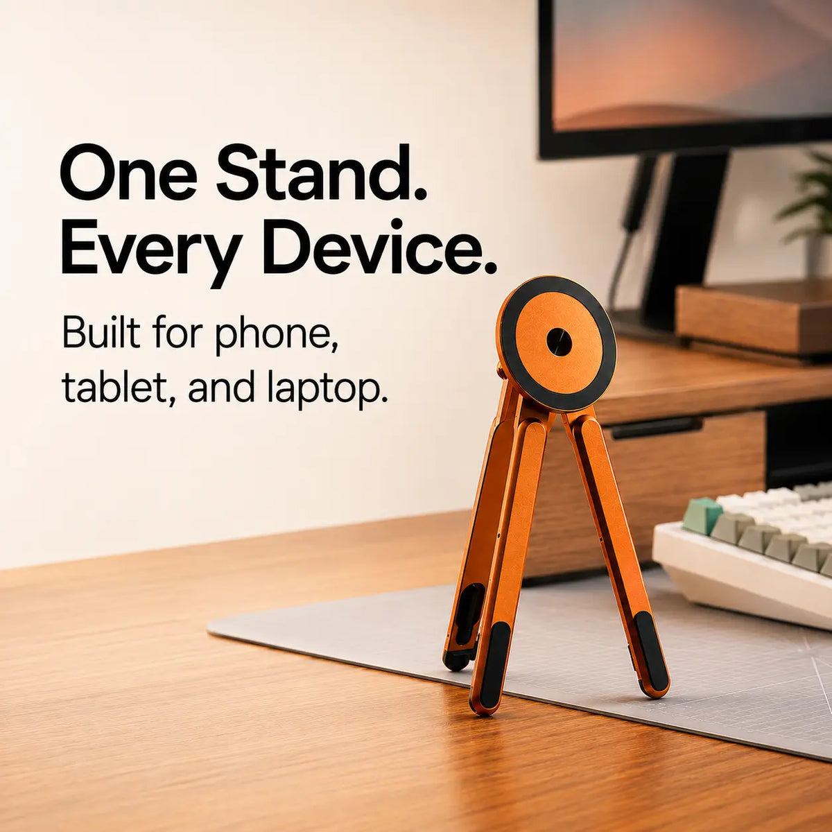 Cosmic Orange folding magnetic device stand standing upright on a desk #color_Cosmic Orange