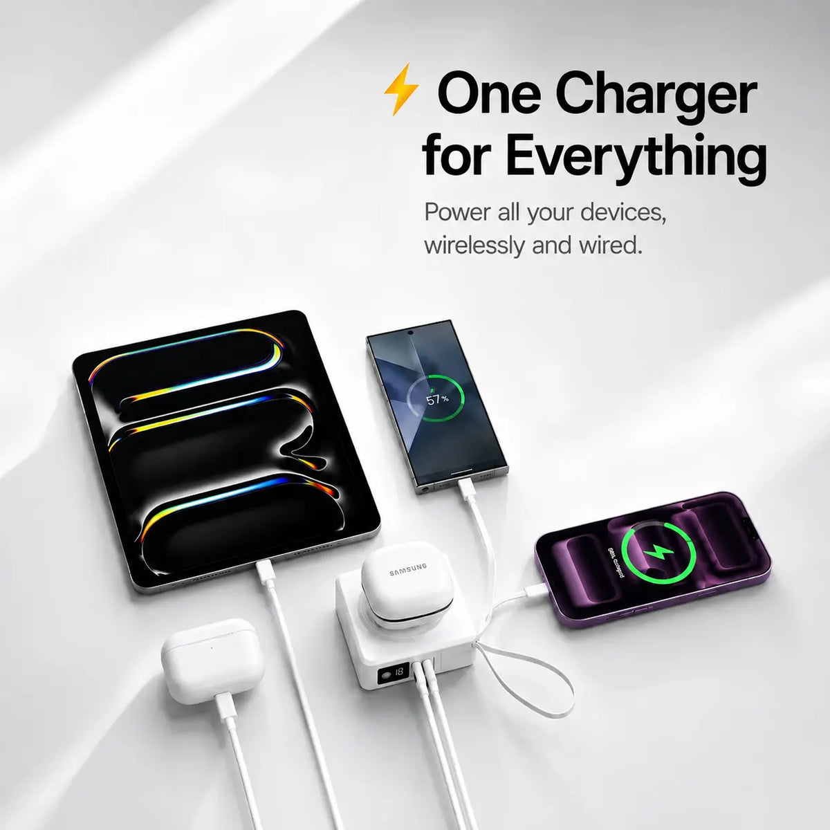 Arctic White travel power bank charging several devices. #color_Arctic White