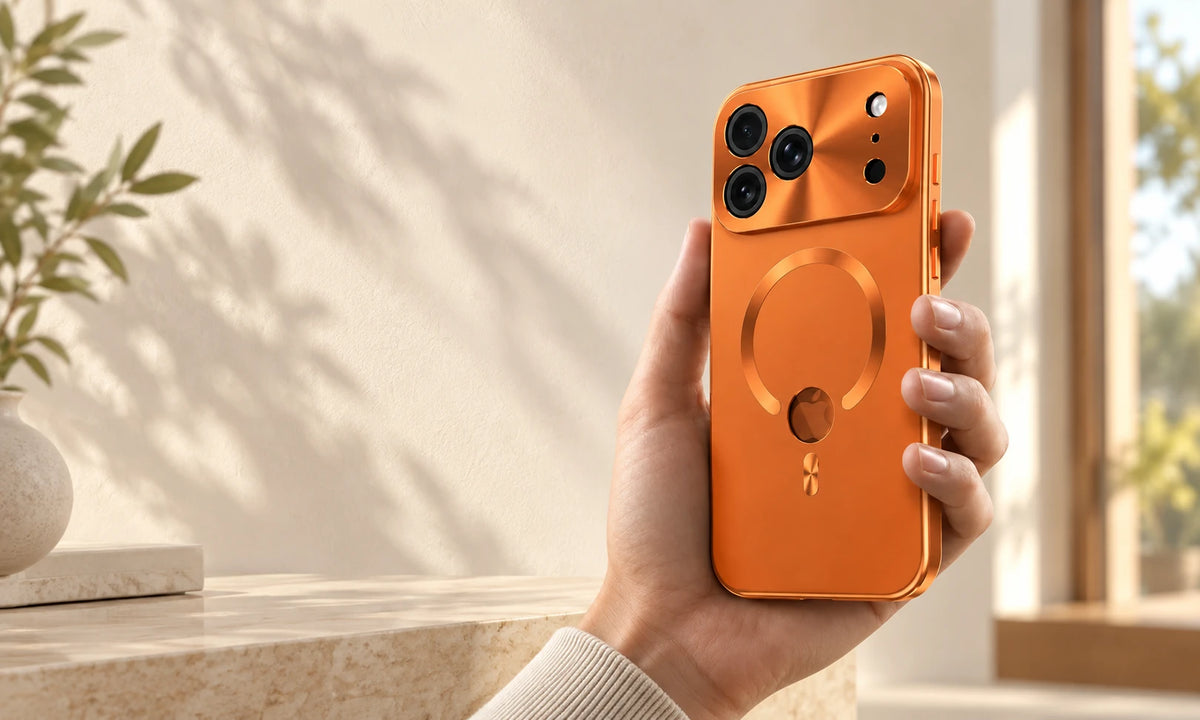 Hand holding an orange phone case with a matching alloy frame and orange camera surround.