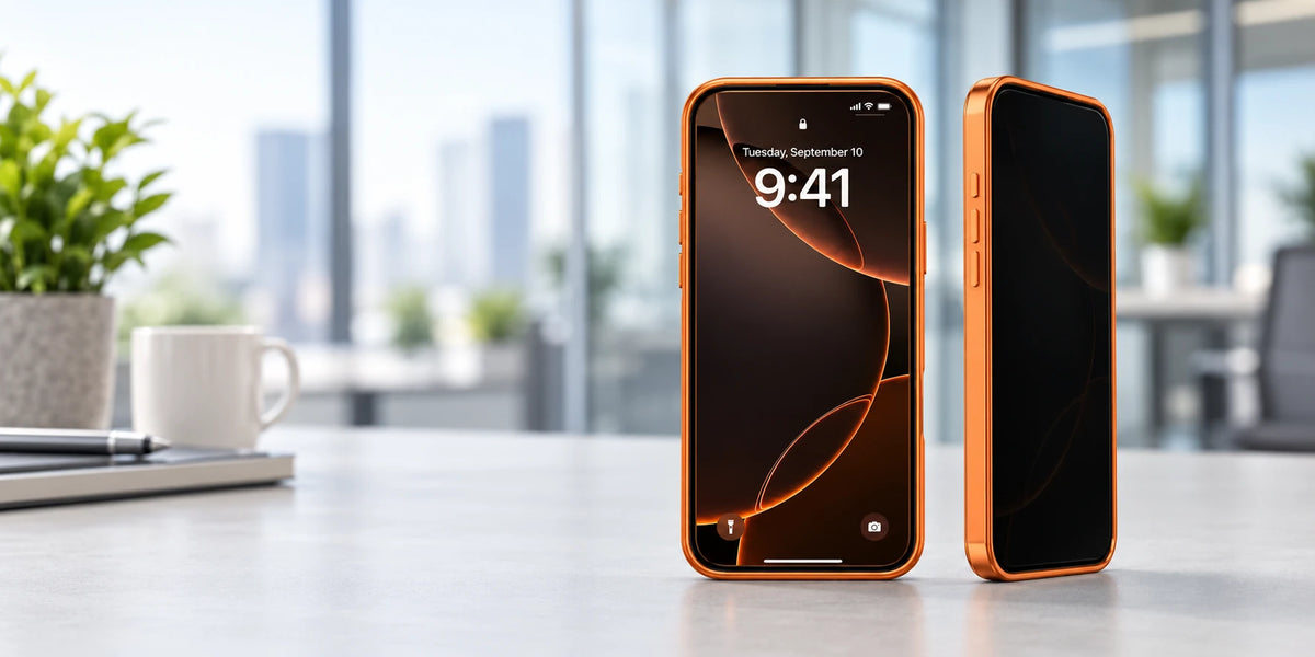 Orange privacy phone case shown straight on with a clear display and from an angle with a darker screen.