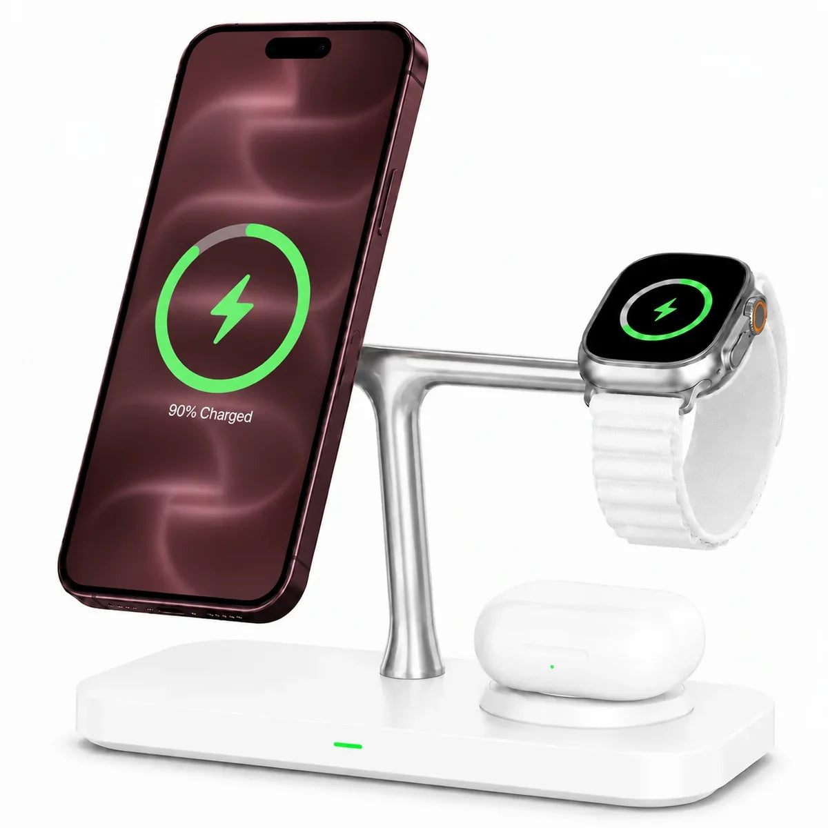Arctic White three device wireless charging station with Burgundy phone watch and earbuds. #color_Arctic White