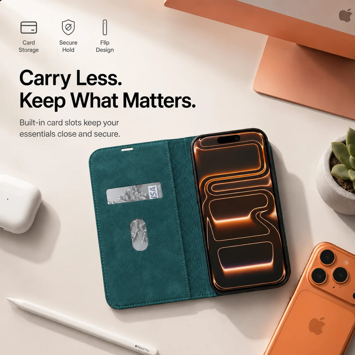 Teal leather folio phone case opened to show card slots on a desk #color_Arctic Green