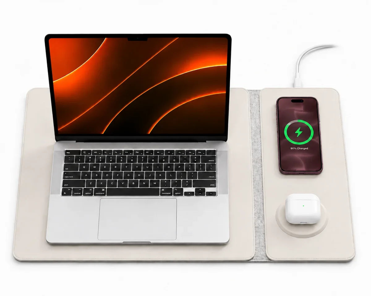 Cloud White wireless charging laptop sleeve with two charging areas. #color_Cloud White